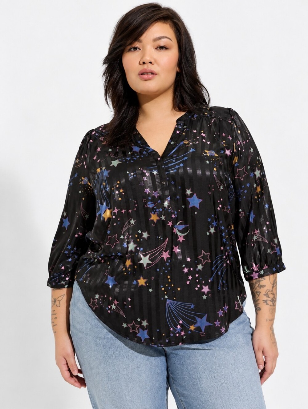 Torrid Harper Satin Popover Blouse Size 5 Black Cosmic Stars Galaxy Flowy Casual